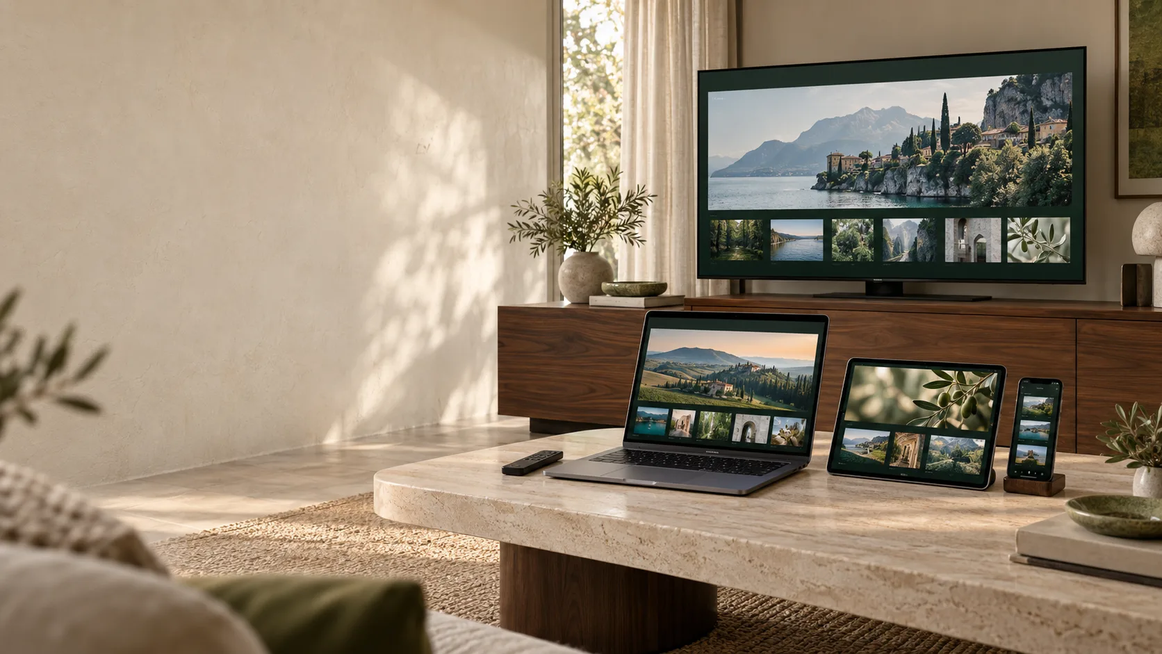 Compatibilità IPTV: Smart TV, laptop, tablet e smartphone in un salotto italiano