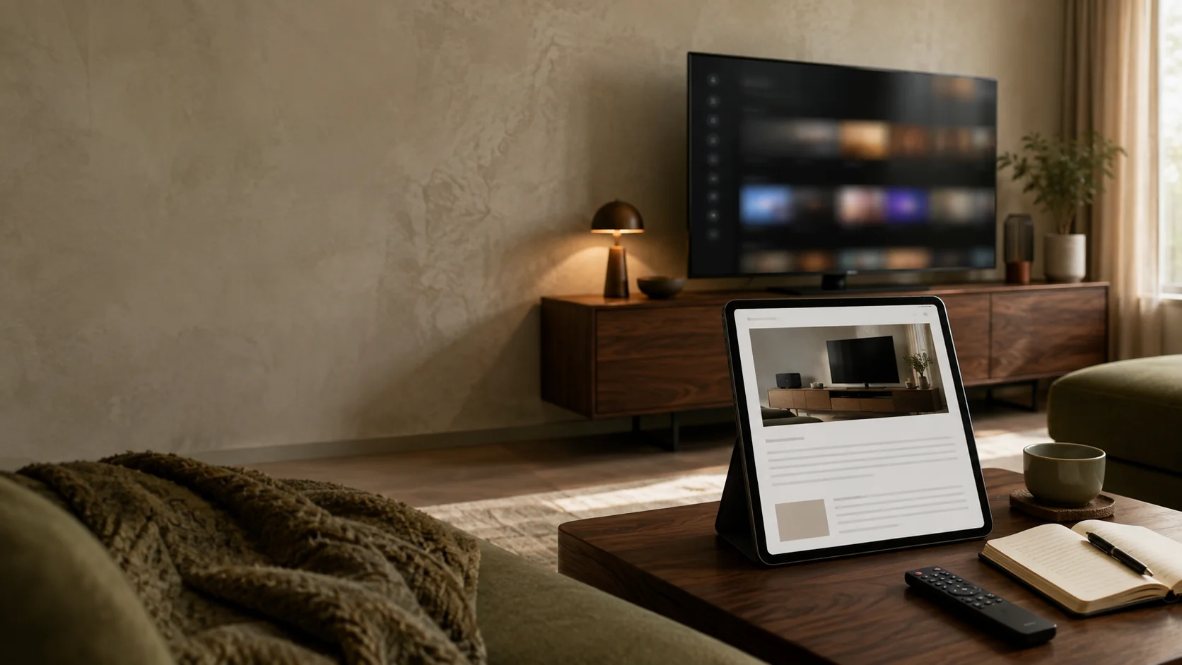 Guide IPTV: illustrazione di un articolo su tablet accanto a una Smart TV in un salotto italiano
