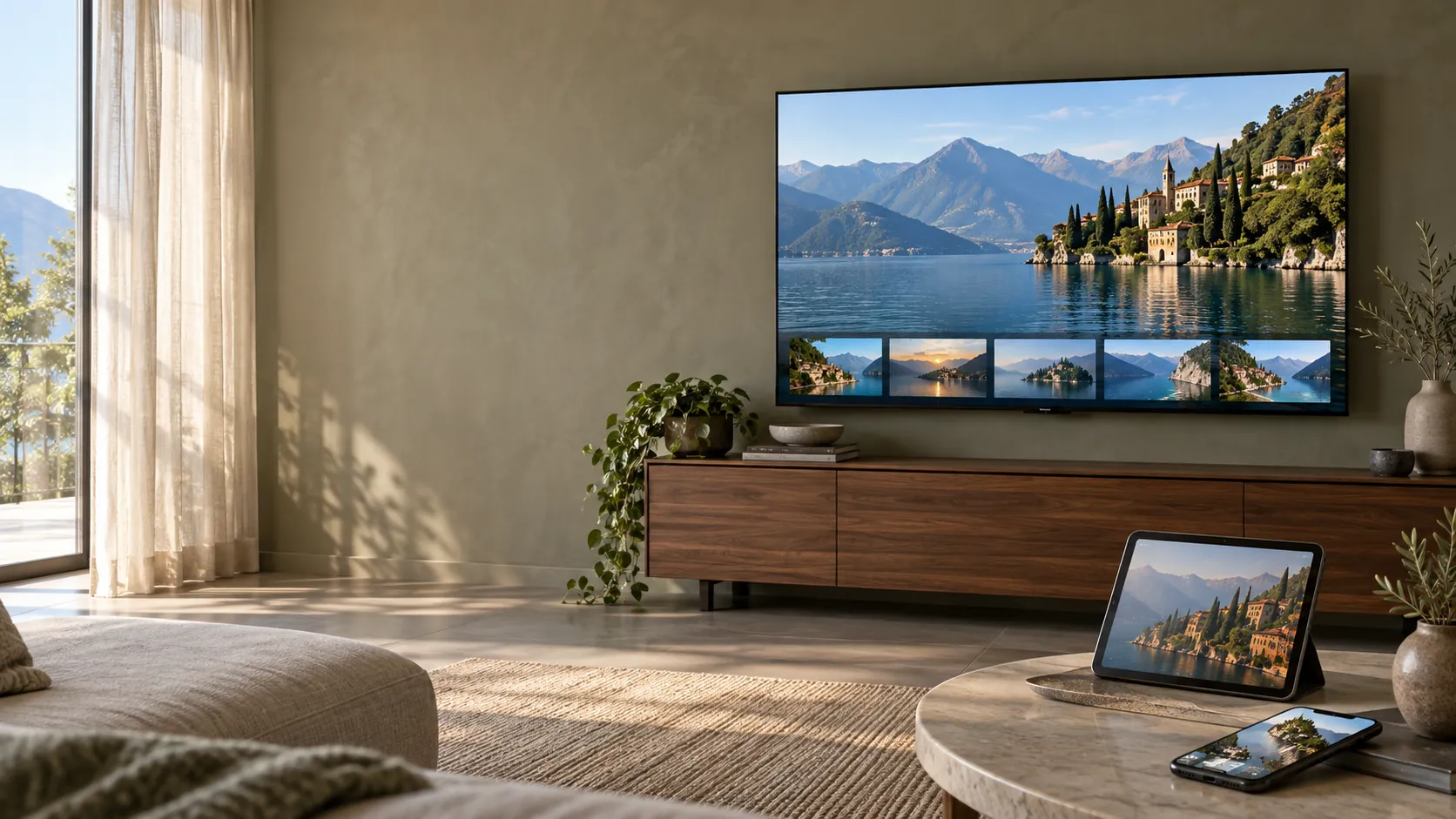 Smart TV, tablet e smartphone con paesaggi italiani sullo schermo in un salotto luminoso.