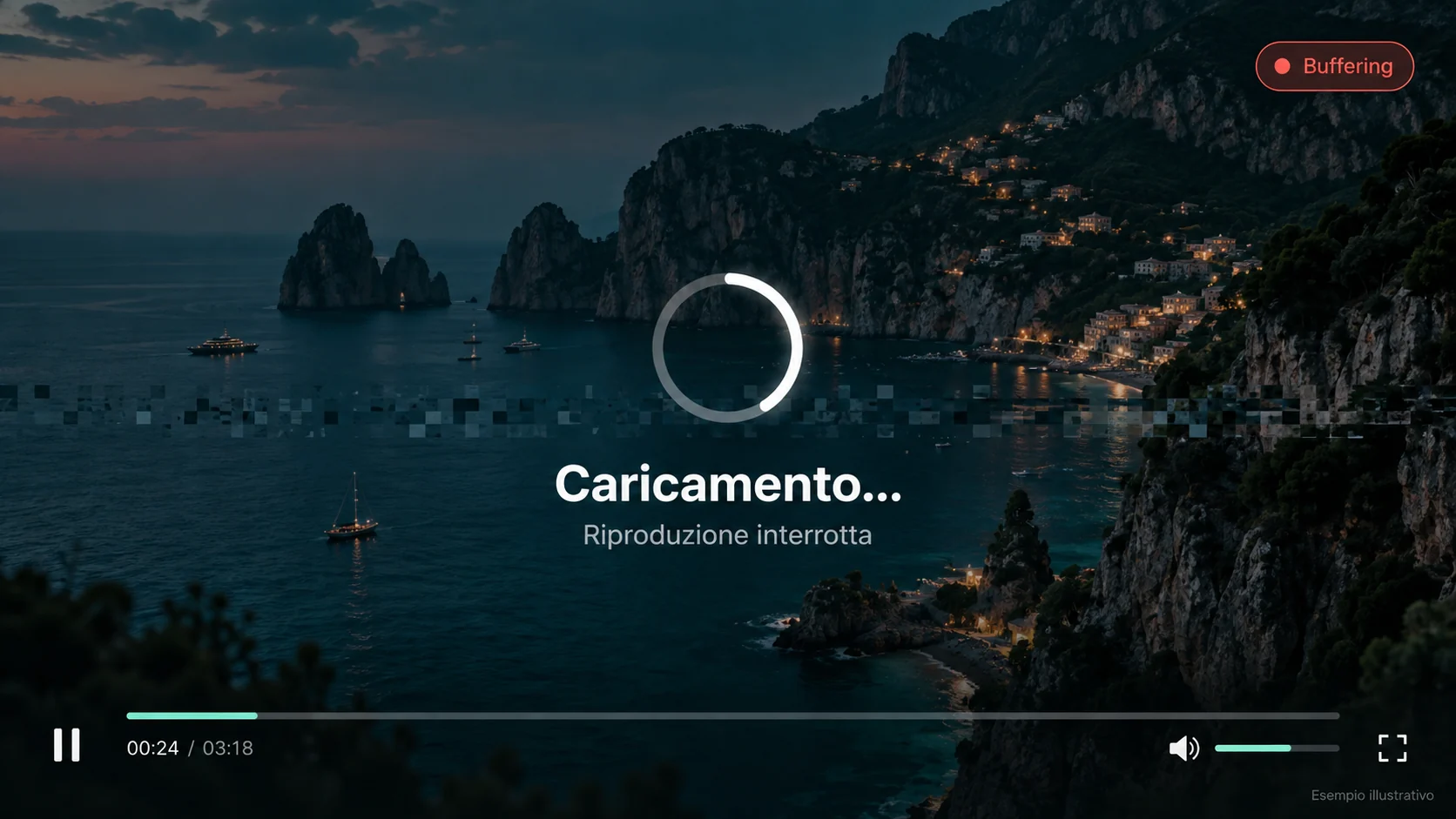 Buffering IPTV con caricamento fermo e riproduzione interrotta nel lettore video