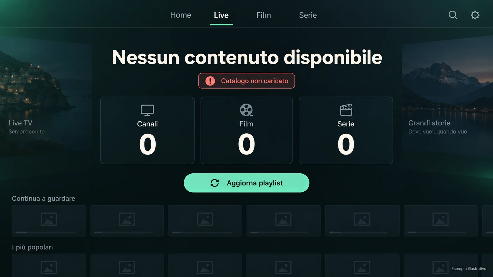 Canali IPTV a zero: catalogo con contatori di canali, film e serie vuoti