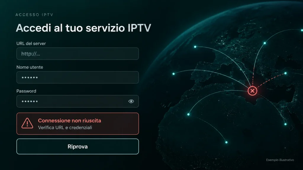 IPTV non funziona: esempio di errore di connessione con verifica di URL e credenziali