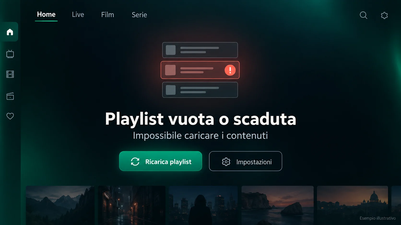 Playlist IPTV vuota o scaduta con pulsante per ricaricare i contenuti
