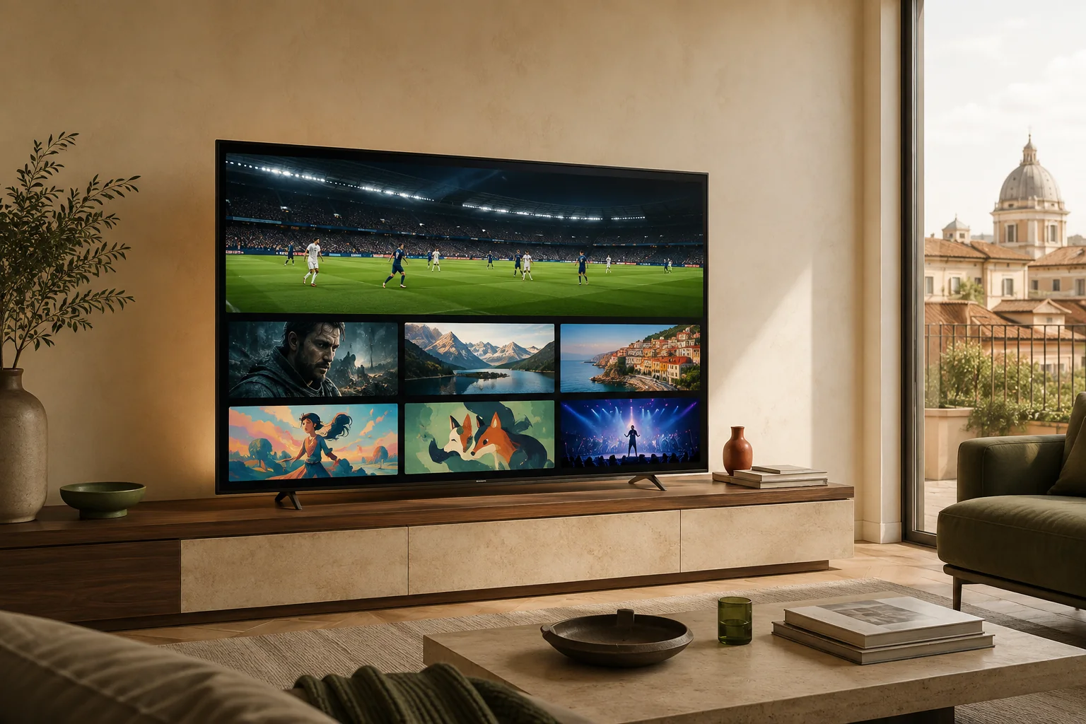 Lista canali IPTV Italia: illustrazione di una Smart TV con calcio, cinema e documentari in un salotto italiano