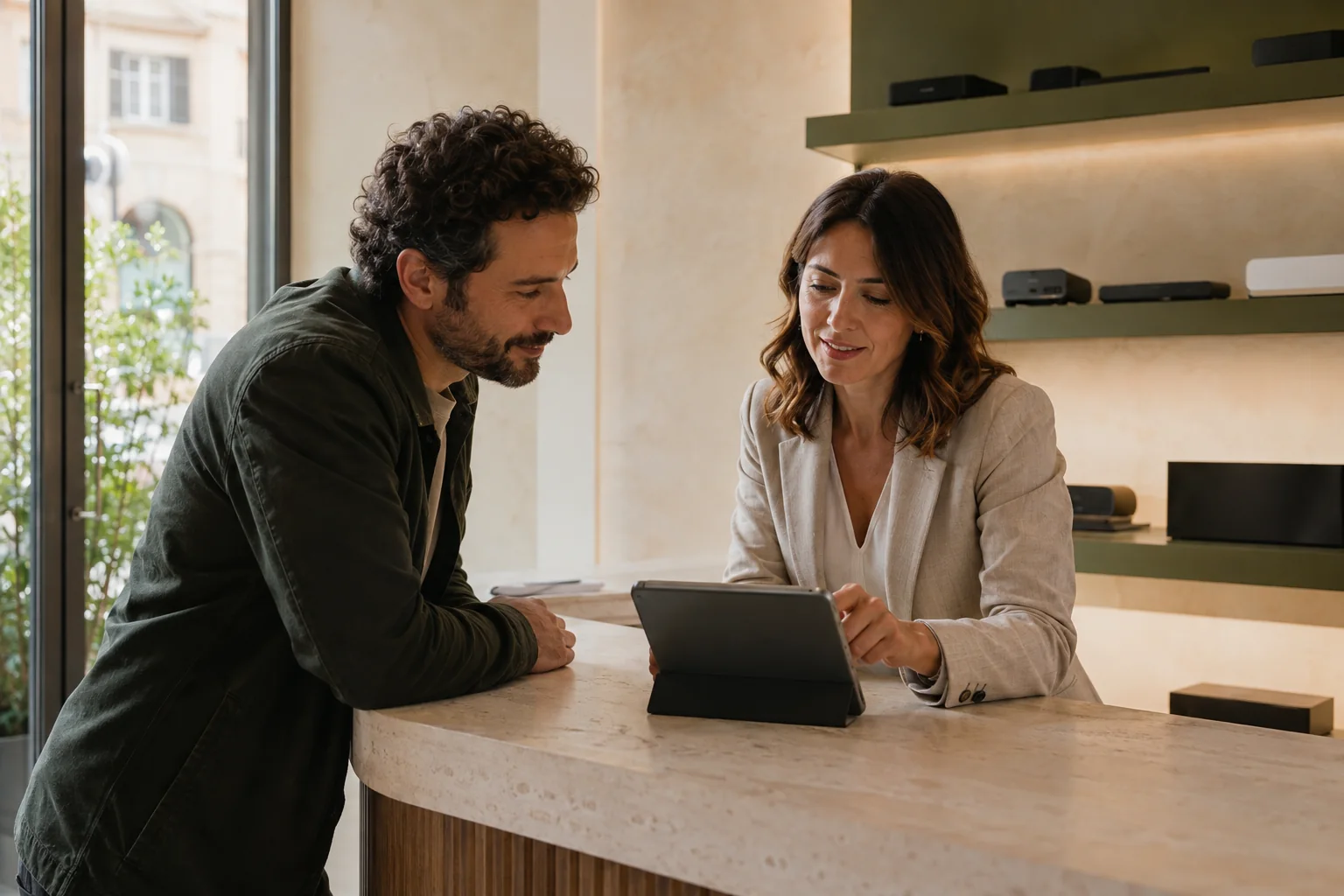 Pannello rivenditore IPTV: scena illustrativa di una consulenza tra una professionista e un cliente in un negozio di tecnologia