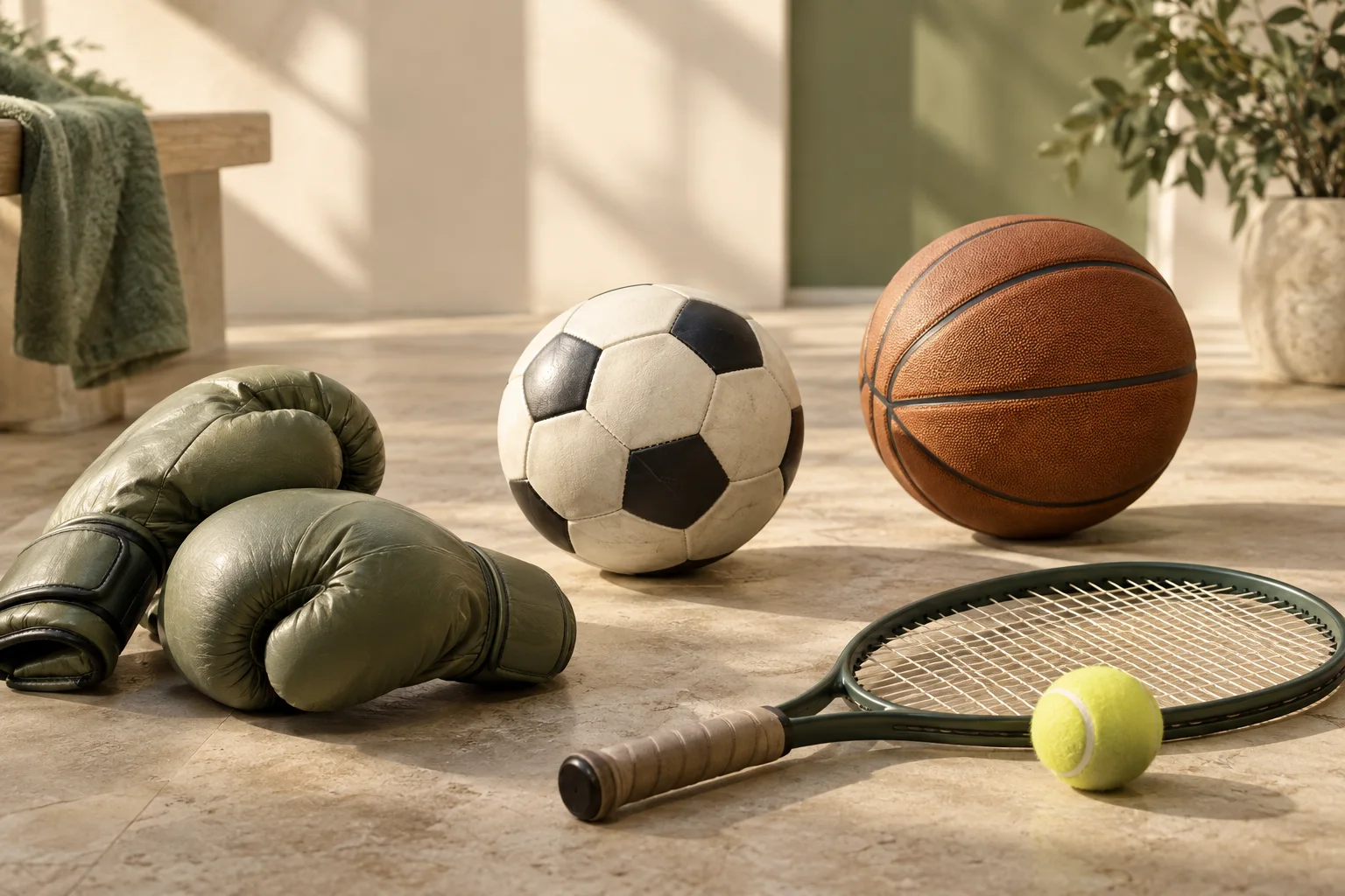 Palloni da calcio e basket, guantoni da boxe e racchetta da tennis: illustrazione generata con IA.